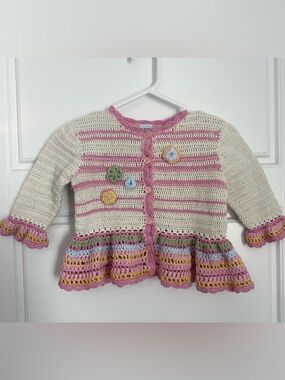 Vintage Please Mum Size 2T Crocheted Cardigan Floral Appliqués Button Front
